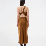 Maxi one shoulder dress in satin. NarcissaMD dress has an open back with beautiful details and an invisible zipper in the side.
