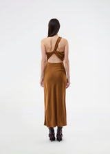 Maxi one shoulder dress in satin. NarcissaMD dress has an open back with beautiful details and an invisible zipper in the side.