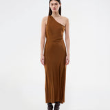 Maxi one shoulder dress in satin. NarcissaMD dress has an open back with beautiful details and an invisible zipper in the side.