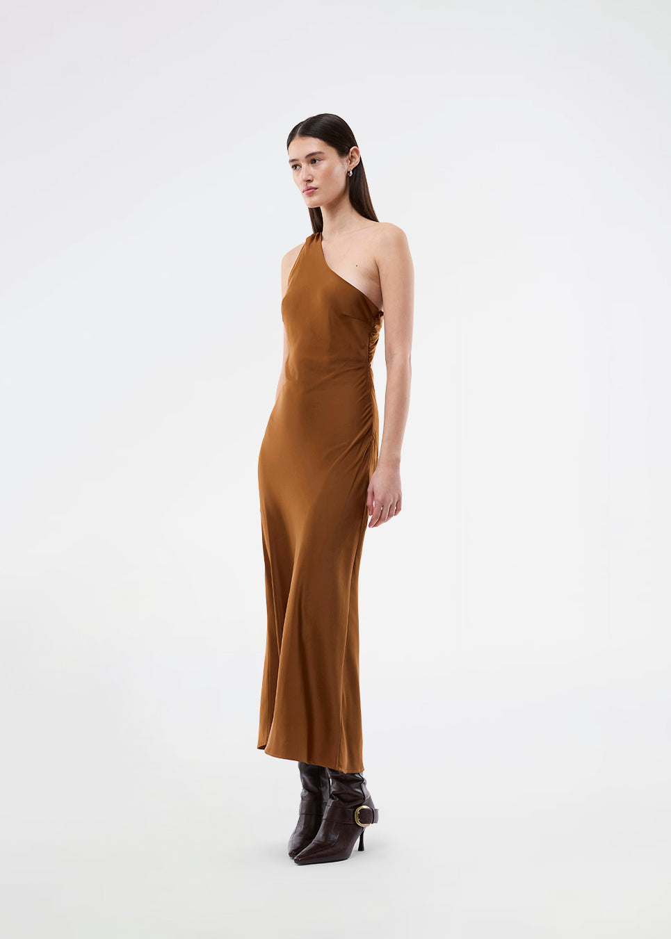 Maxi one shoulder dress in satin. NarcissaMD dress has an open back with beautiful details and an invisible zipper in the side.