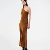 Maxi one shoulder dress in satin. NarcissaMD dress has an open back with beautiful details and an invisible zipper in the side.
