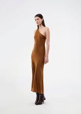 Maxi one shoulder dress in satin. NarcissaMD dress has an open back with beautiful details and an invisible zipper in the side.