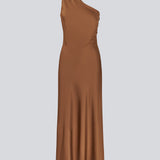 Maxi one shoulder dress in satin. NarcissaMD dress has an open back with beautiful details and an invisible zipper in the side.