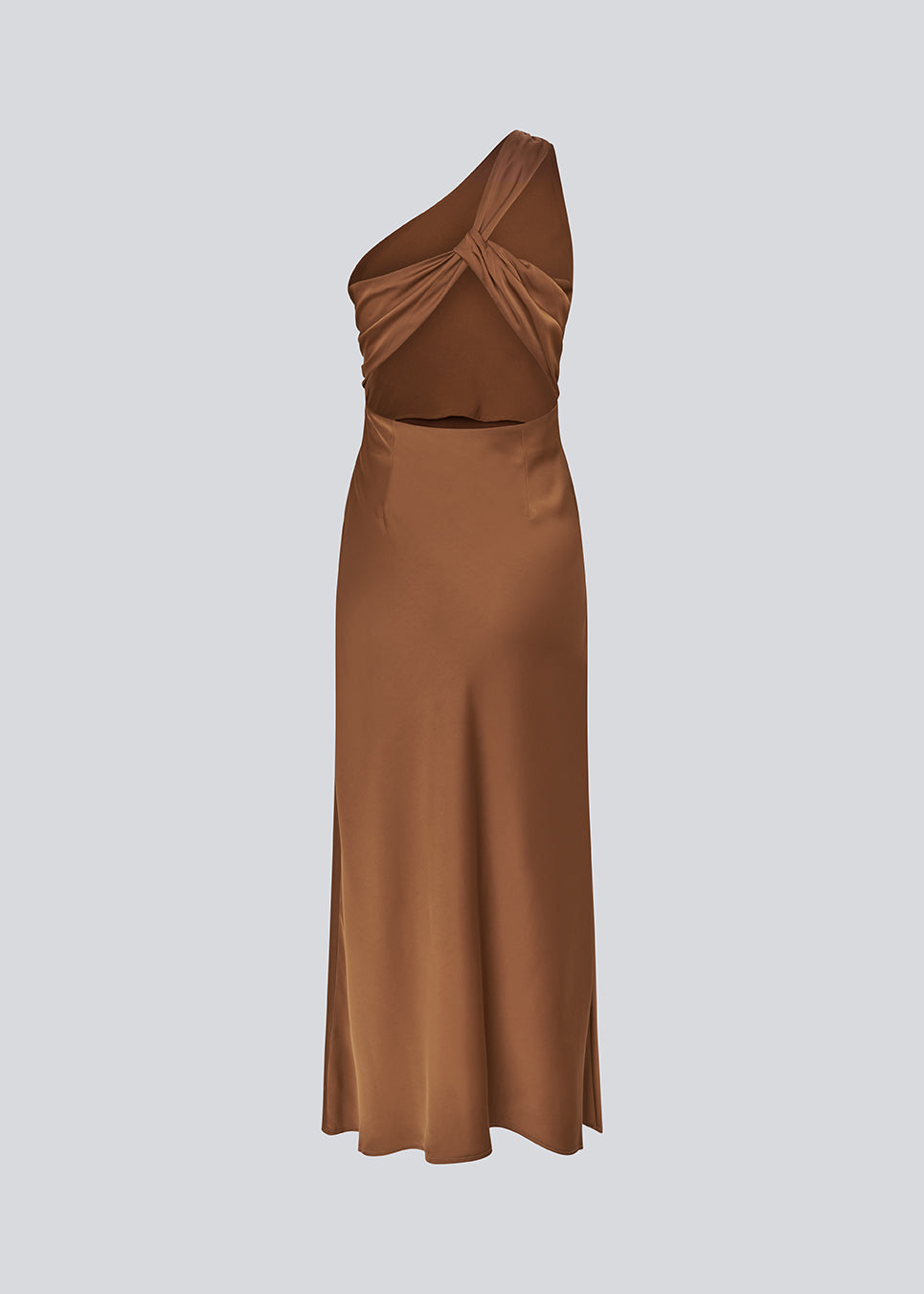 Maxi one shoulder dress in satin. NarcissaMD dress has an open back with beautiful details and an invisible zipper in the side.