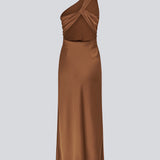 Maxi one shoulder dress in satin. NarcissaMD dress has an open back with beautiful details and an invisible zipper in the side.