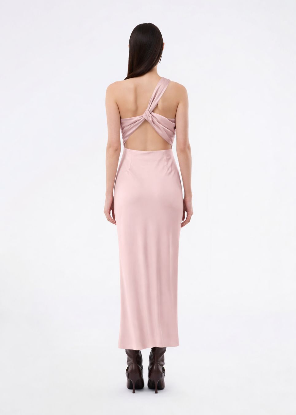 Maxi one shoulder dress in satin. NarcissaMD dress has an open back with beautiful details and an invisible zipper in the side.