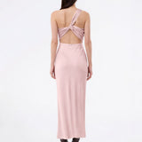 Maxi one shoulder dress in satin. NarcissaMD dress has an open back with beautiful details and an invisible zipper in the side.
