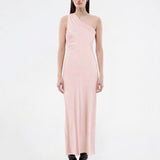 Maxi one shoulder dress in satin. NarcissaMD dress has an open back with beautiful details and an invisible zipper in the side.