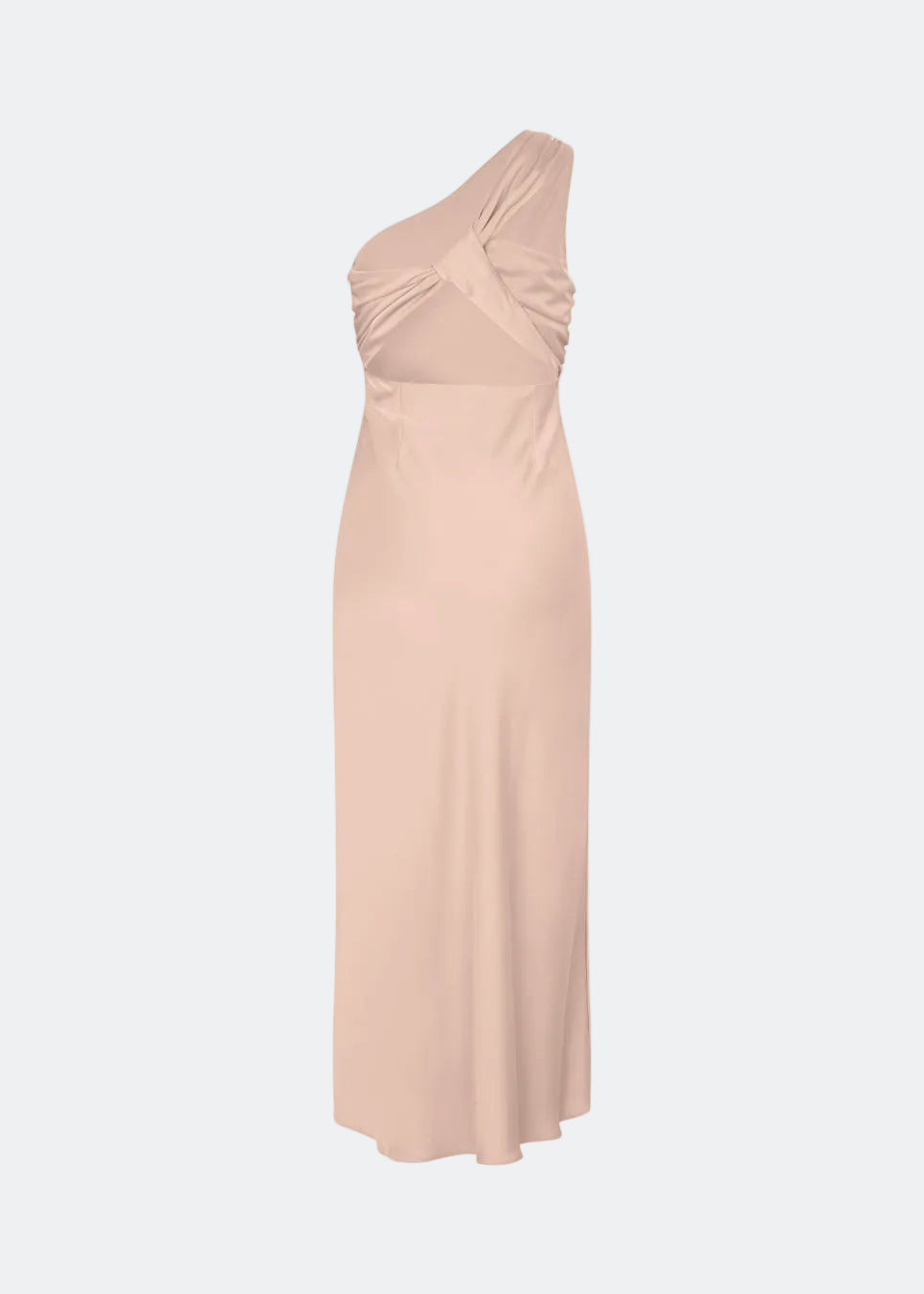Maxi one shoulder dress in satin. NarcissaMD dress has an open back with beautiful details and an invisible zipper in the side.