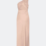 Maxi one shoulder dress in satin. NarcissaMD dress has an open back with beautiful details and an invisible zipper in the side.