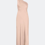 Maxi one shoulder dress in satin. NarcissaMD dress has an open back with beautiful details and an invisible zipper in the side.