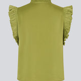 Sleeveless top in green with frill details and a loose fit. NarcissaMD top has frills at the sleeves and neckline, and an opening in front with a tieband closure.
