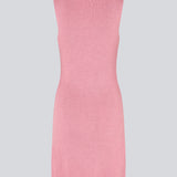 Short pink fitted dress in shimmery knit. NavalMD dress is sleeveless and has a round neckline.