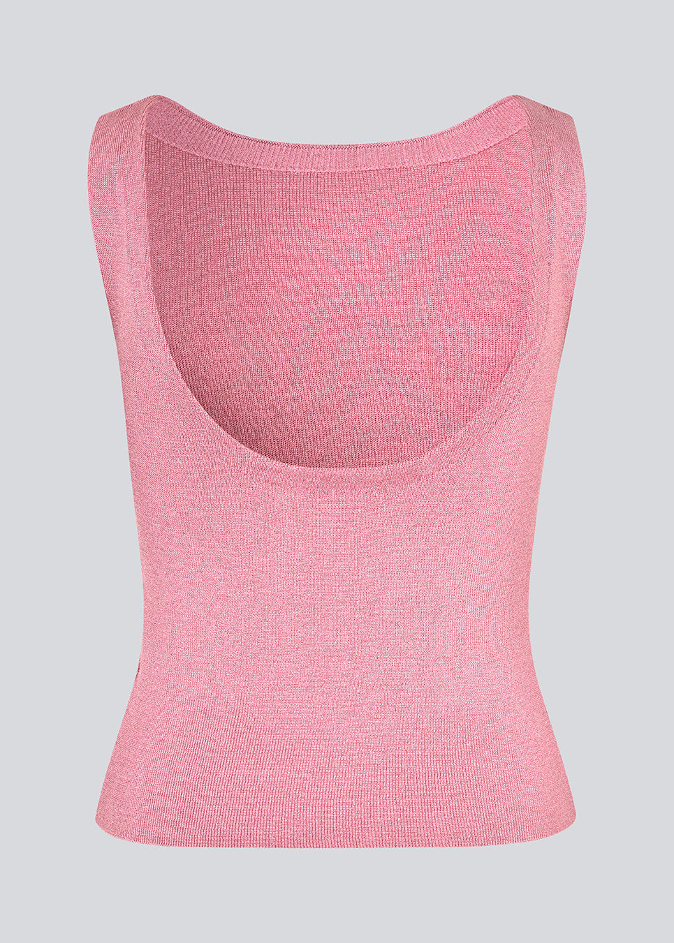 Sleeveless pink top in a shimmery knit. NavalMD top has a round neckline and a deep back.
