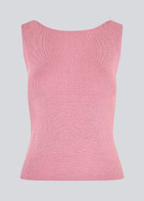 Sleeveless pink top in a shimmery knit. NavalMD top has a round neckline and a deep back.