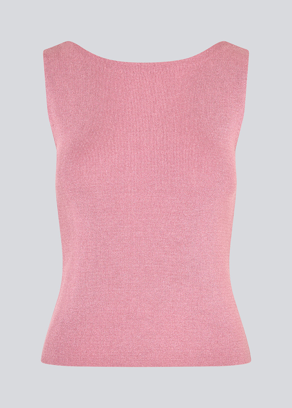 Sleeveless pink top in a shimmery knit. NavalMD top has a round neckline and a deep back.