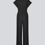 Black jumpsuit with wide legs and a tieband at the waist. NedraMD jumpsuit has a collar, v-neck, and a zipper at front.