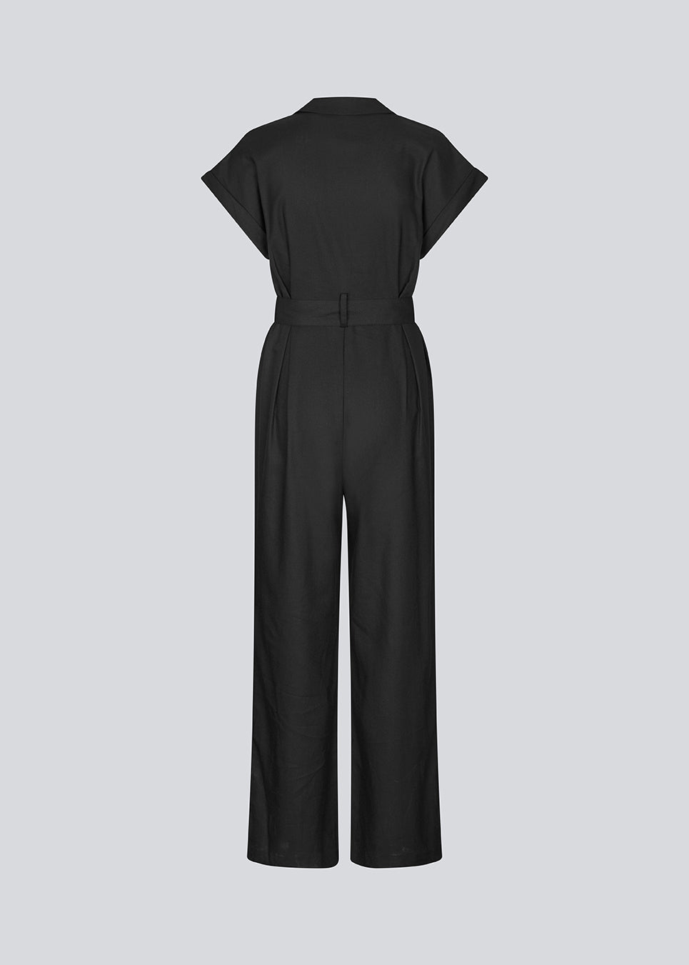 Black jumpsuit with wide legs and a tieband at the waist. NedraMD jumpsuit has a collar, v-neck, and a zipper at front.