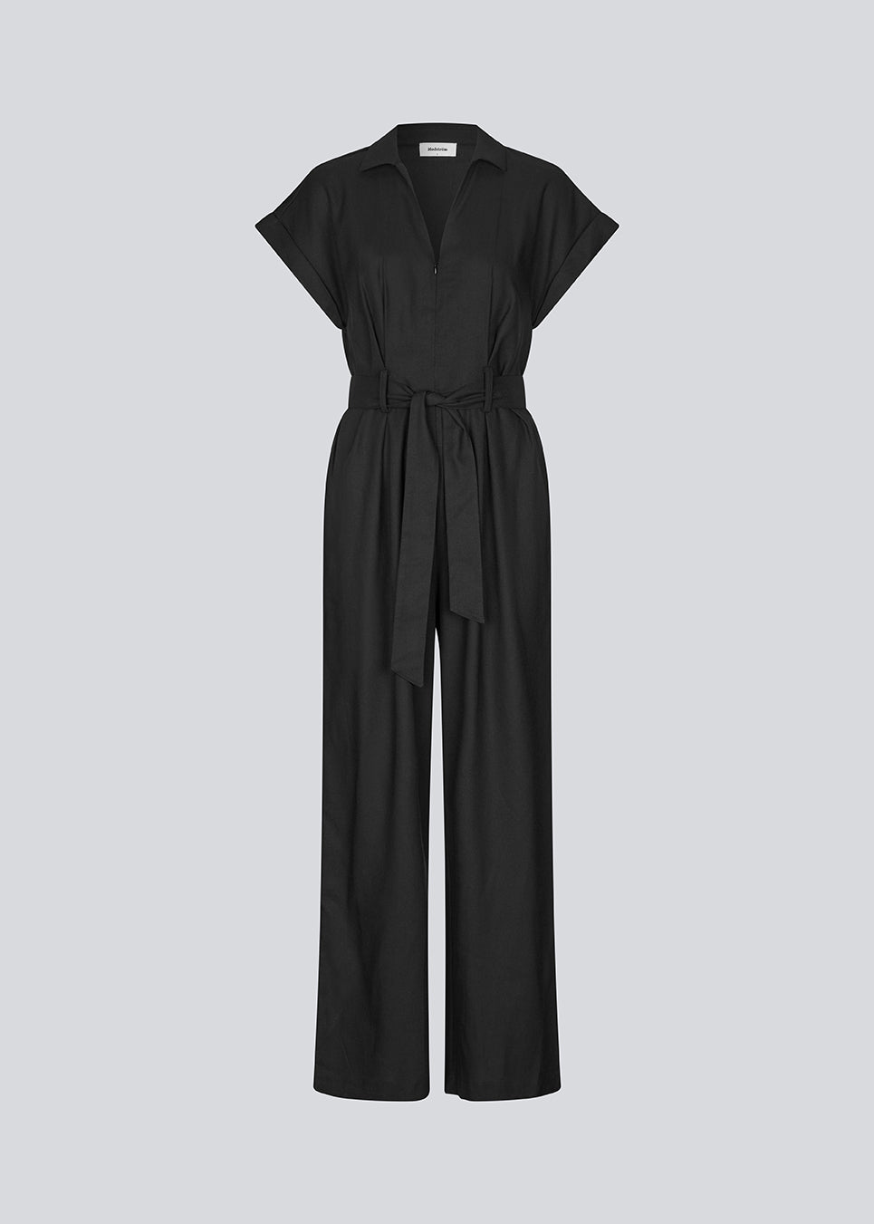 Black jumpsuit with wide legs and a tieband at the waist. NedraMD jumpsuit has a collar, v-neck, and a zipper at front.