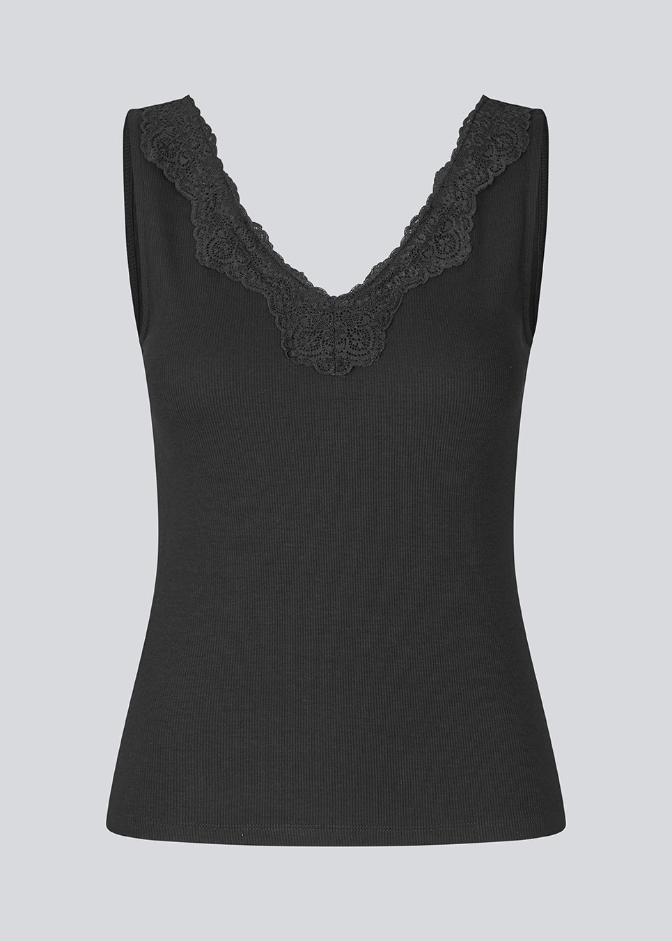 Sleeveless top with a lace in ribbed jersey. NemiMD top is fitted and has a v-neck.
