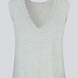 Sleevless knitted top in cotton in light blue. NerissaMD top has detailed trimmings and a deep v-neckline in the back.