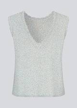 Sleevless knitted top in cotton in light blue. NerissaMD top has detailed trimmings and a deep v-neckline in the back.