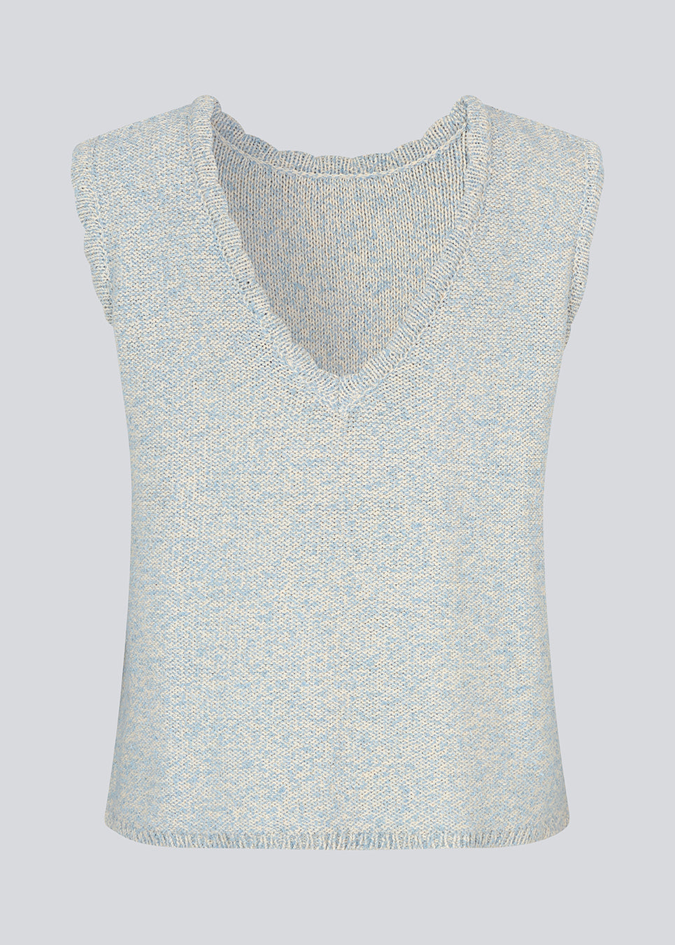 Sleevless knitted top in cotton in light blue. NerissaMD top has detailed trimmings and a deep v-neckline in the back.