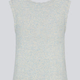 Sleevless knitted top in cotton in light blue. NerissaMD top has detailed trimmings and a deep v-neckline in the back.