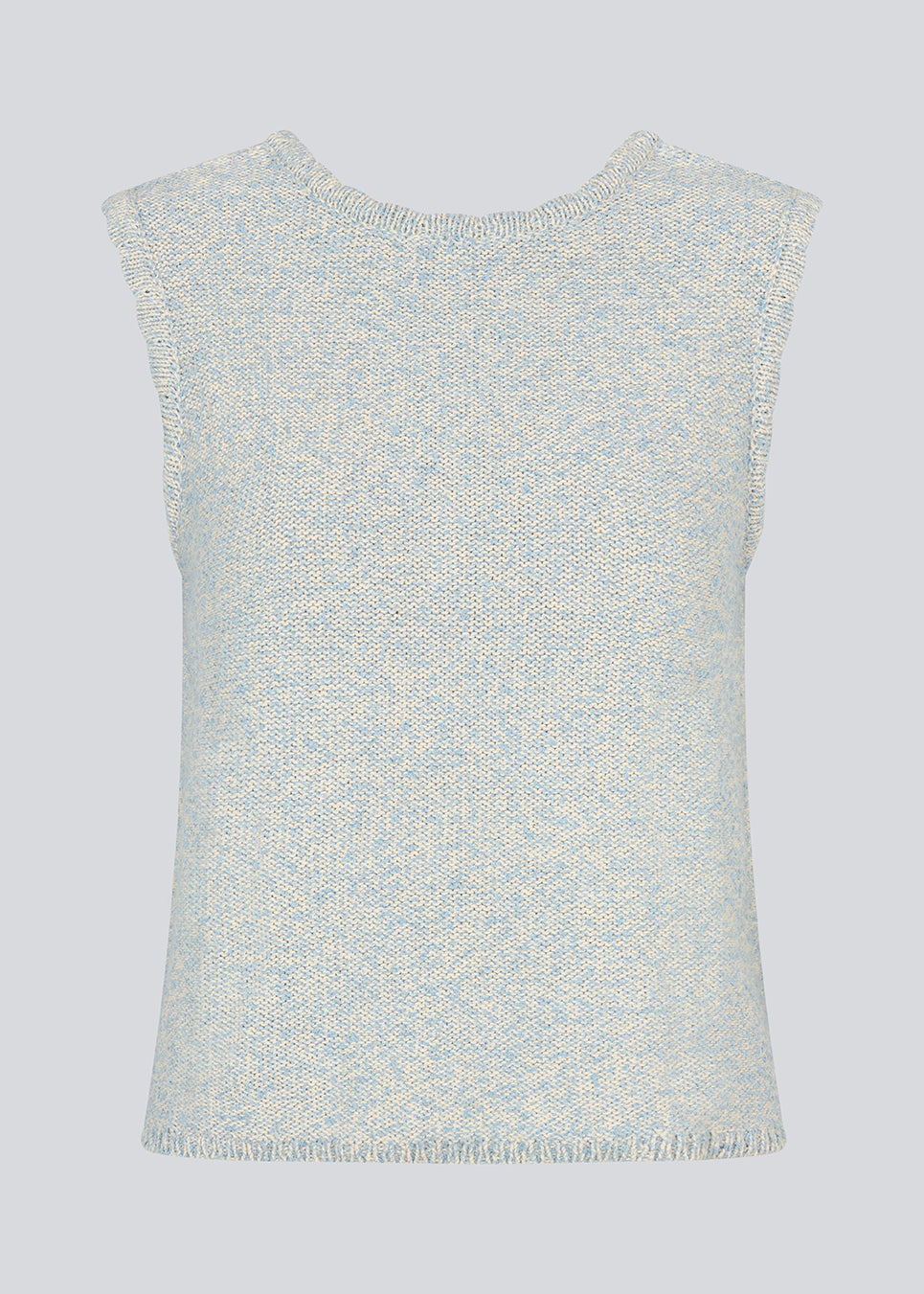 Sleevless knitted top in cotton in light blue. NerissaMD top has detailed trimmings and a deep v-neckline in the back.