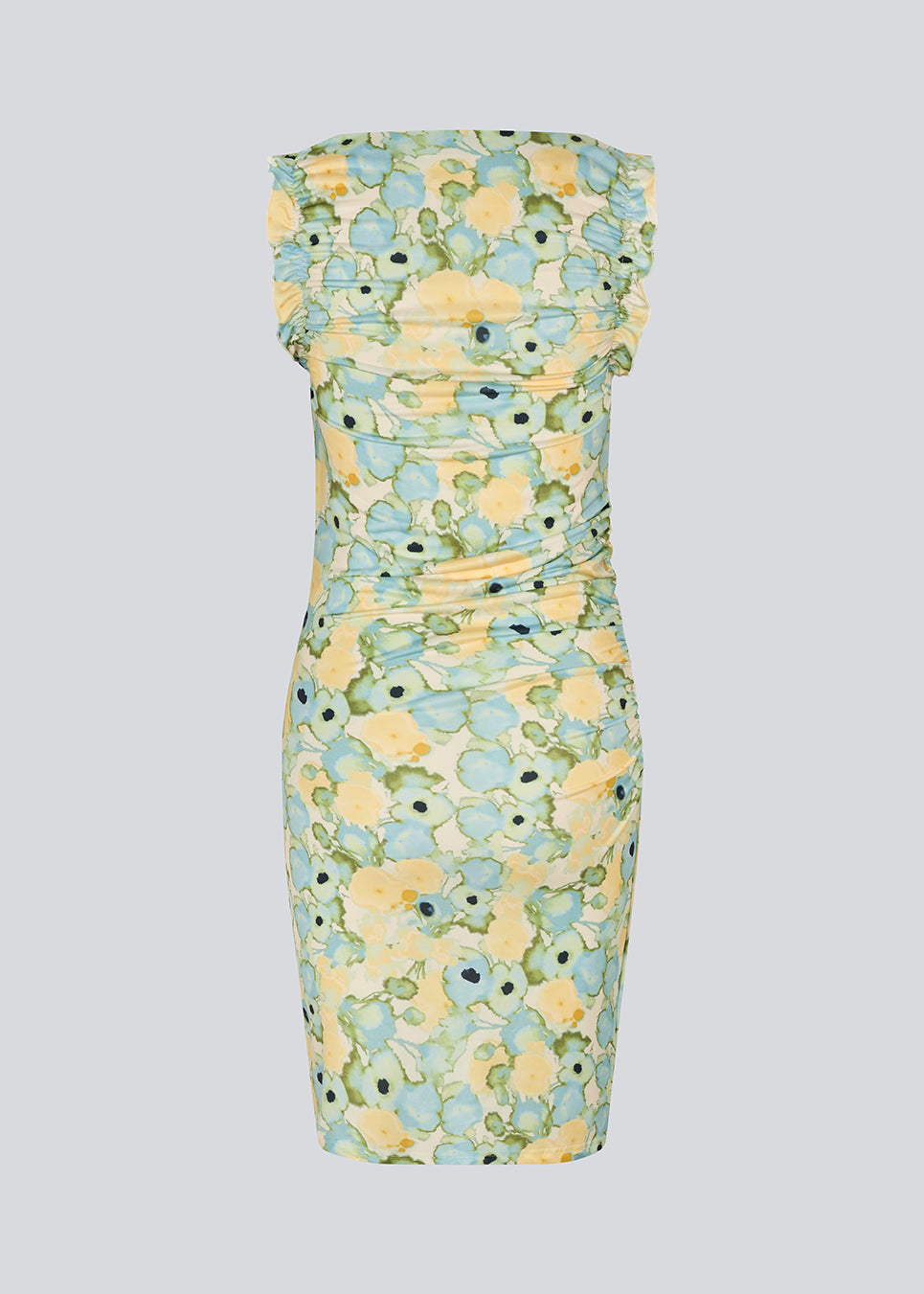 Fitted dress in 100% recycled polyester. NettieMD print dress has ruffles on the sleeves and gathers on the side. The dress has a beautiful floral print.