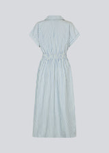 Short-sleeved dress with a v-neck and smock at the waist. NikkoMD dress has side pockets, a shirt collar, and a button closure in front.