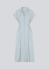 Short-sleeved dress with a v-neck and smock at the waist. NikkoMD dress has side pockets, a shirt collar, and a button closure in front.