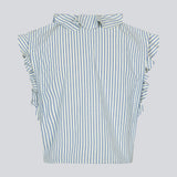 Sleeveless top with frill details and a button closure in front with stripes. NikkoMD top is slightly cropped and has a v-neck.