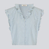 Sleeveless top with frill details and a button closure in front with stripes. NikkoMD top is slightly cropped and has a v-neck.