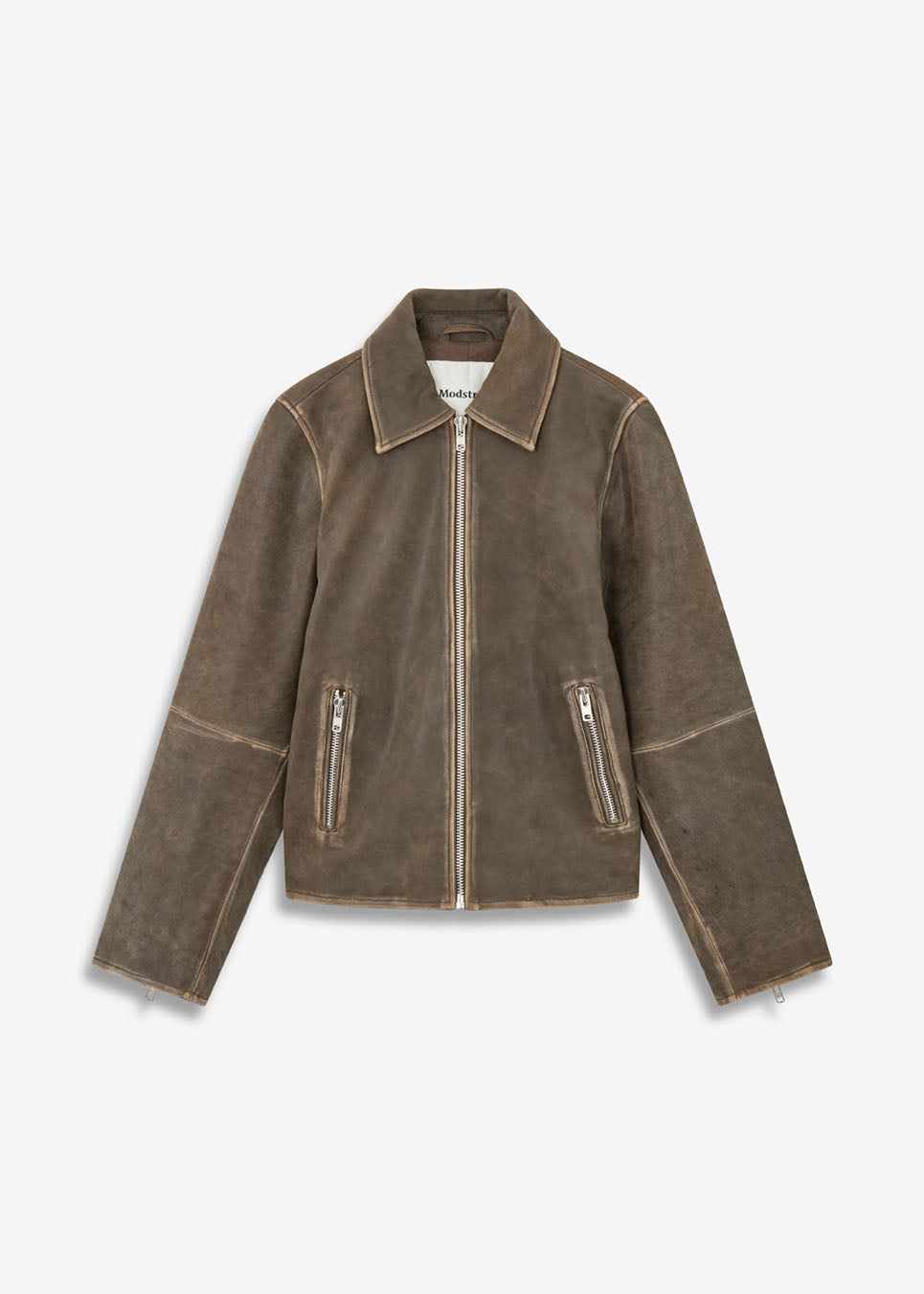 Brown Leather jacket with a loose fit in 100% lamb leather. NimaMD jacket has a zipper closure, shirt collar and two front pockets.