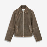 Brown Leather jacket with a loose fit in 100% lamb leather. NimaMD jacket has a zipper closure, shirt collar and two front pockets.