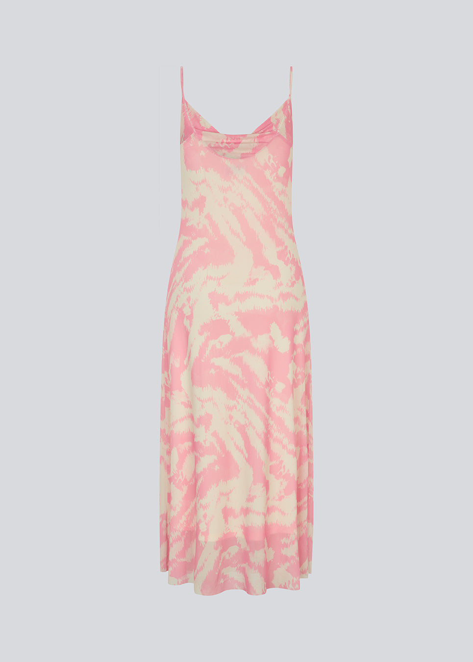 Long dress with thin straps and a waterfall detail at the front. NimraMD print dress is made in a slightly transparent material with lining.