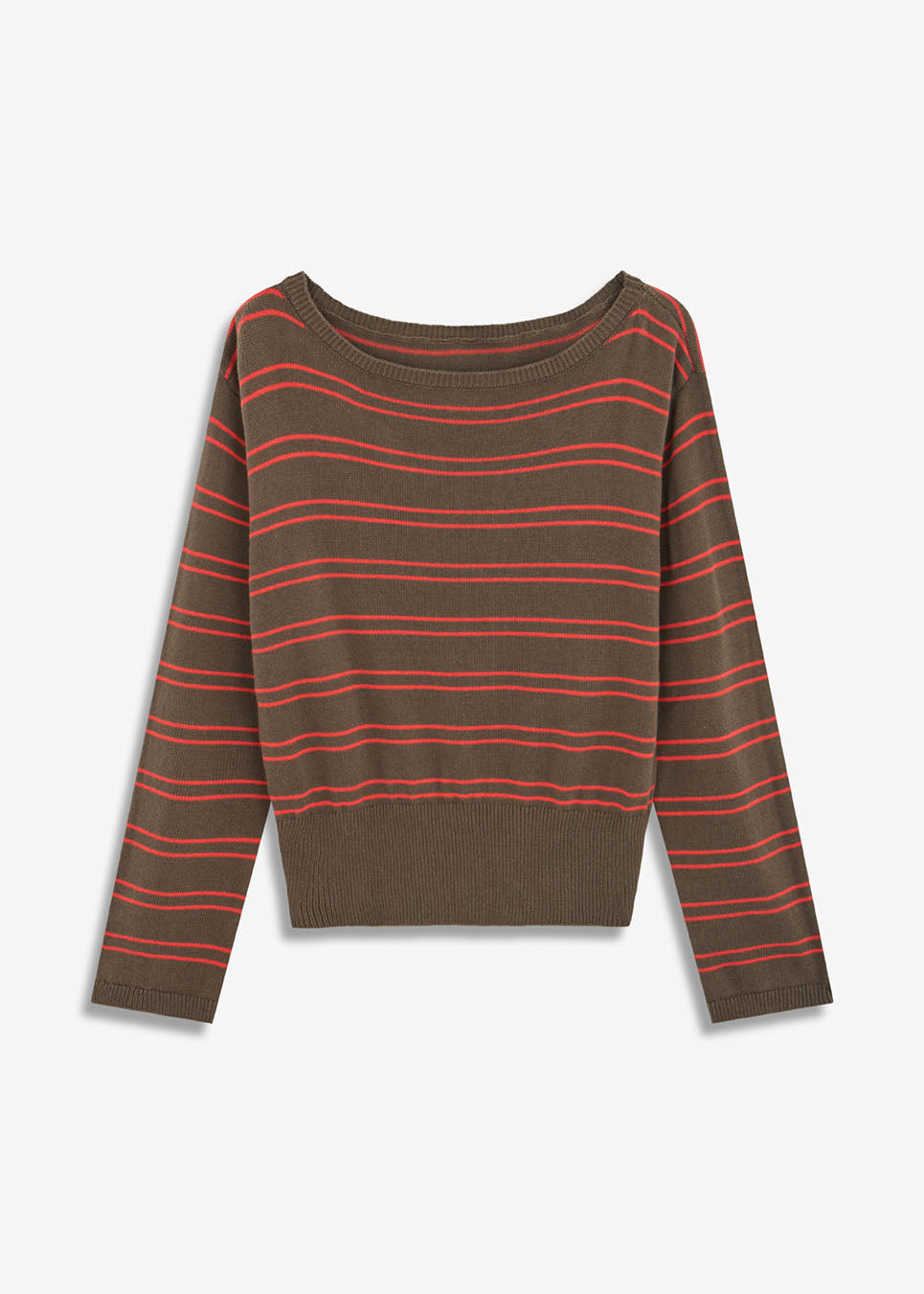 MalvaMD Boatneck is a knit with wide boat neckline, long sleeves, ribbed trims and a striped pattern. Style it with jeans or classic trousers for an effortless everyday look.