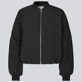 Padded black bomber jacket with gatherings at the sleeves. Obimd jacket is slightly cropped and has a zipper closure and two front pockets.&nbsp;