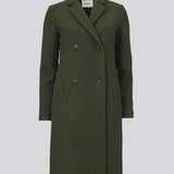 Beautiful, knee-length wool coat in army green. Odelia coat is closed at front by 4 buttons and is fitted around the waist, which gives a feminine look. Because of the high content of wool the jacket will be perfect for fall and the mild winters.