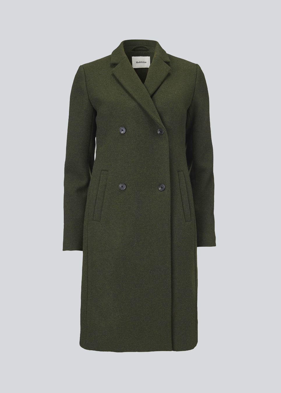 Beautiful, knee-length wool coat in army green. Odelia coat is closed at front by 4 buttons and is fitted around the waist, which gives a feminine look. Because of the high content of wool the jacket will be perfect for fall and the mild winters.