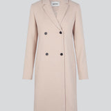 Beautiful, knee-length wool coat. Odelia coat, in season color Summer Sand, is closed at front by 4 buttons and is fitted around the waist, which gives a feminine look. Because of the high content of wool the jacket will be perfect for fall and the mild winters.