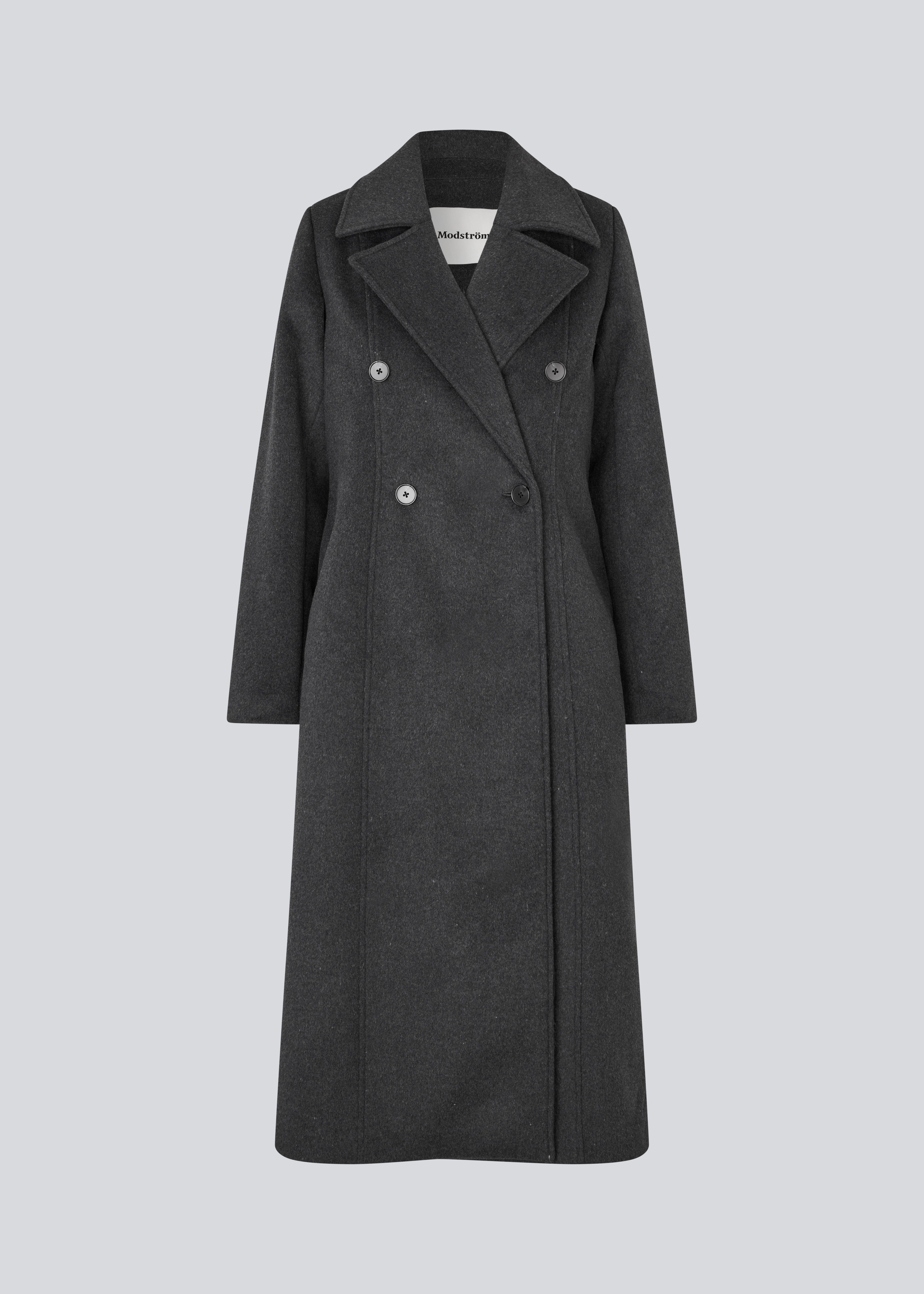 Classic, double-breasted wool coat with collar and notch lapels. Olinamd coat has a relaxed fit, lining and a slit in the back. The model is 175 cm and wears a size s/36.