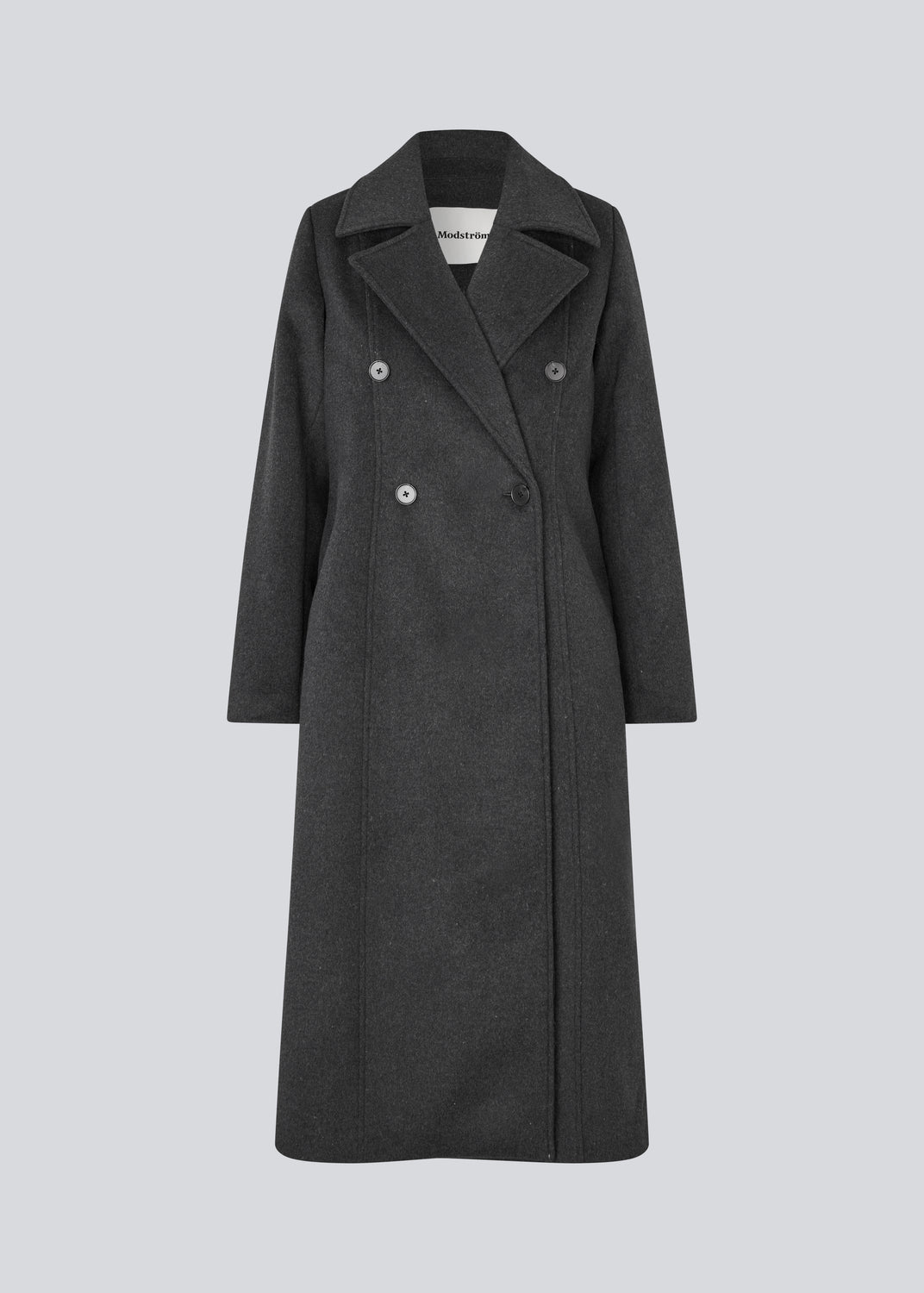 Classic, double-breasted wool coat with collar and notch lapels. Olinamd coat has a relaxed fit, lining and a slit in the back. The model is 175 cm and wears a size s/36.