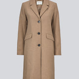 Beautiful, long wool coat i beige. Pamela coat is closed by 3 big buttons at front and is waisted, which gives a feminine look. Because of the high content of wool you will be able to keep warm all through fall and the mild winters.