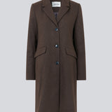 Beautiful, long wool coat in dark brown. Pamela coat is closed by 3 big buttons at front and is waisted, which gives a feminine look. Because of the high content of wool you will be able to keep warm all through fall and the mild winters. The model is 176 cm and wears a size S/36