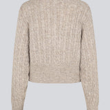 Knitted cable knit cardigan with pearl buttons. Pammiemd cardigan has a round neckline and ribbed hem.