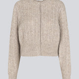 Knitted cable knit cardigan with pearl buttons. Pammiemd cardigan has a round neckline and ribbed hem.