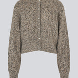 Knitted cable knit cardigan with pearl buttons. &nbsp;Pammiemd cardigan has a round neckline and ribbed hem.&nbsp;
