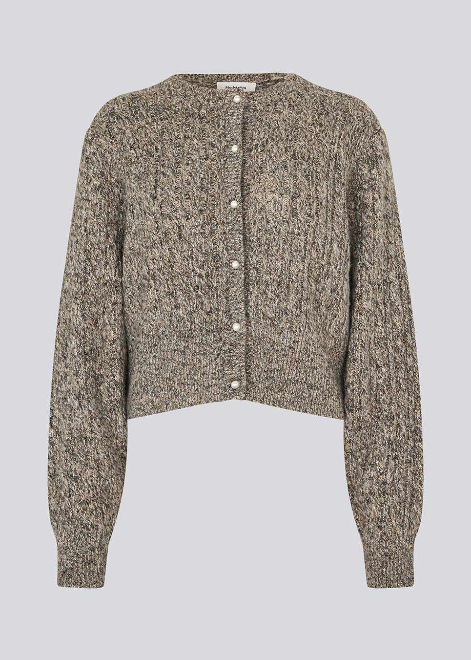 Knitted cable knit cardigan with pearl buttons. &nbsp;Pammiemd cardigan has a round neckline and ribbed hem.&nbsp;